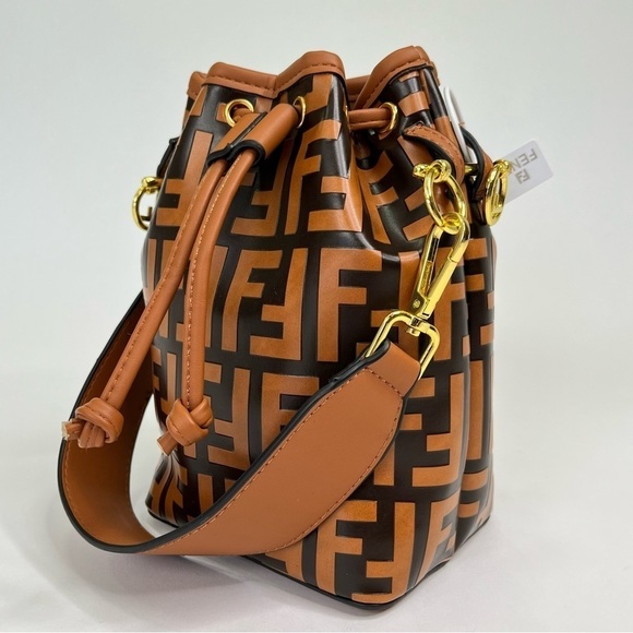 Handbags - NEW Trendy Cognac Tan & Chestnut Brown F-Lettered Small Bucket Bag Purse Handbag